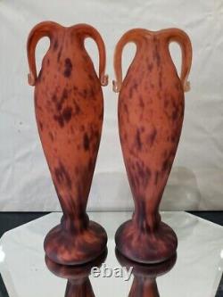 14 Art Glass Vases, Mottled Orange Handles art deco French France Schneider