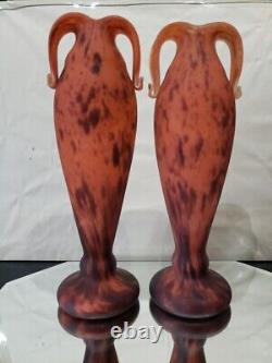 14 Art Glass Vases, Mottled Orange Handles art deco French France Schneider