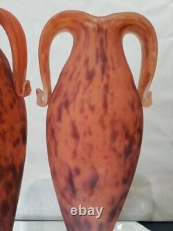 14 Art Glass Vases, Mottled Orange Handles art deco French France Schneider