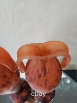 14 Art Glass Vases, Mottled Orange Handles art deco French France Schneider