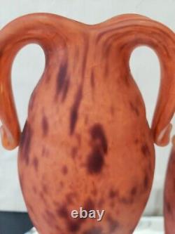 14 Art Glass Vases, Mottled Orange Handles art deco French France Schneider