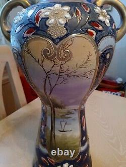 16.5 Double Handle Art Deco Nouveau Satsuma Vase With Moriage and Hand Painted