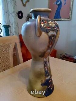 16.5 Double Handle Art Deco Nouveau Satsuma Vase With Moriage and Hand Painted