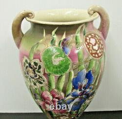 17 Large Vintage Hand Painted Floral Vase Double Handle Stunning Flowers