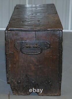 18th Century Circa 1720 Solid Oak Six Plank Coffer Trunk Chest Thick Iron Handle
