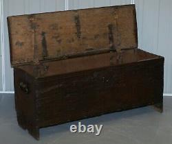 18th Century Circa 1720 Solid Oak Six Plank Coffer Trunk Chest Thick Iron Handle