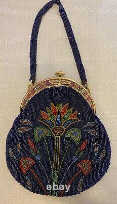 1920s Antique French Beaded Purse Art Deco Celluloid Frame Egyptian Revival