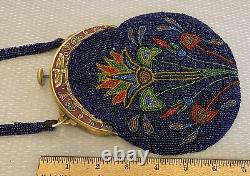 1920s Antique French Beaded Purse Art Deco Celluloid Frame Egyptian Revival