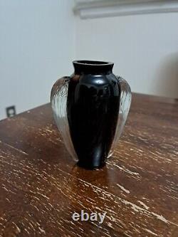 1920s Art Deco Black Milk Glass Vase With Clear Handles