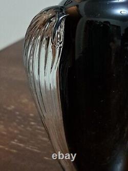 1920s Art Deco Black Milk Glass Vase With Clear Handles