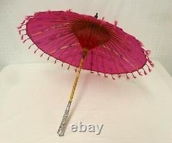 1920s Art Deco Japanese Parasol Silver Handle Pink Silk Crepe Hand Painted