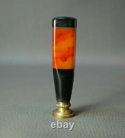 1930 Art Deco Orange Butterscotch Black Bakelite Handle Wax Seal Brass Stamp