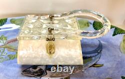 1950's Rialto Ny. USA Lucite Pearlized Carved Handle Diamond Cut Art Deco Purse