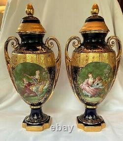 2 Imperial Limoges Porcelain Lidded Handled Portrait Mantel Vase Urns 14