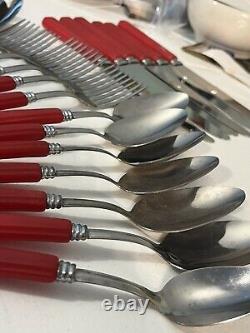 24 Art Deco Red Bakelite Stainless Flatware Set Fork Spoons Knives UNUSED Set 6