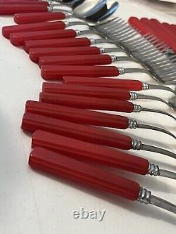 24 Art Deco Red Bakelite Stainless Flatware Set Fork Spoons Knives UNUSED Set 6