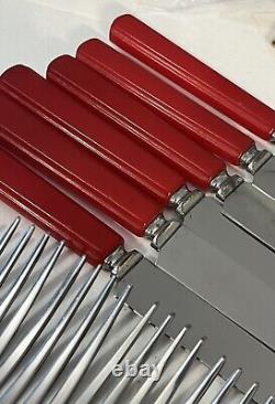 24 Art Deco Red Bakelite Stainless Flatware Set Fork Spoons Knives UNUSED Set 6