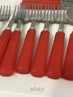 24 Art Deco Red Bakelite Stainless Flatware Set Fork Spoons Knives UNUSED Set 6