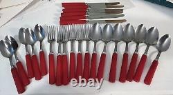 24 Art Deco Red Bakelite Stainless Flatware Set Fork Spoons Knives UNUSED Set 6