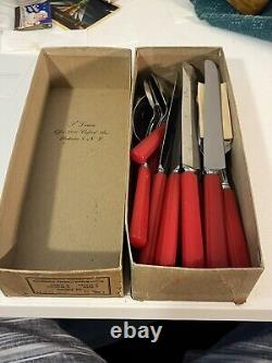 24 Art Deco Red Bakelite Stainless Flatware Set Fork Spoons Knives UNUSED Set 6