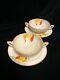 3 English Art Deco Crown Ducal Double Handled Cream Soup Bowls With Saucers