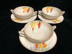3 English Art Deco Crown Ducal double handled cream soup bowls With saucers