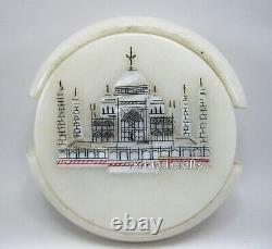 4.5 Inch Marble Tea Coaster Set with Taj Mahal Replica Inlaid Table Master Piece