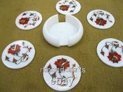 4.5 Inches Carnelian Stone Inlay Work Tea Coaster Set White Marble Coffee Table