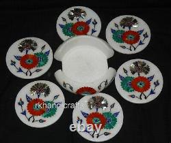 4.5 Inches Marble Inlay Coaster set with Multi Color Stones Coffee Coaster Set