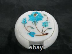 4.5 Inches Marble Tea Coaster Set Inlay Soft Drink Coaster with Turquoise Stone