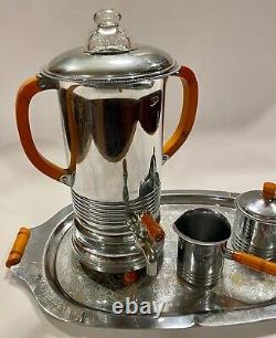 4 Pc Vintage Art Deco Farber Bros Krome Kraft Coffee Set +++ Bakelite Handles