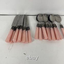 60 Pc 12 Setting Gibson Stainless ART DECO Pink Pearl Plastic Handle