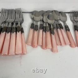 60 Pc 12 Setting Gibson Stainless ART DECO Pink Pearl Plastic Handle