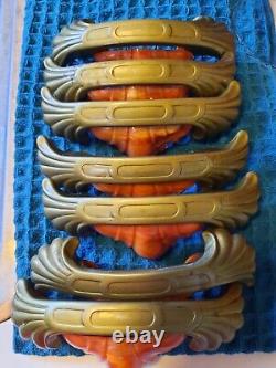 7 Art Deco Drawer Pull Handle Metal & Bakelite Antique Hardware orange/golden