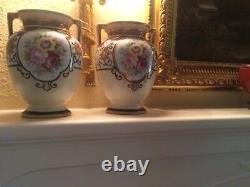 A Pair of Antique NIPPON Art Deco Hand Painted Floral gilt handled vase Japan