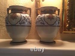 A Pair of Antique NIPPON Art Deco Hand Painted Floral gilt handled vase Japan