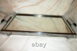 ART DECO CHROME VANITY MIRROR TRAY MACHINE AGE ROLLED HANDLES SERVING 1920s
