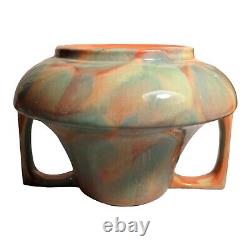 ART DECO HAEGAR Vase Marble Glaze Rare Angled Handles Pink Blue Green