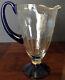 Art Deco Tall Thick Clear Panel Glass Pitcher Withcobalt Handle & Base+gold, Nice