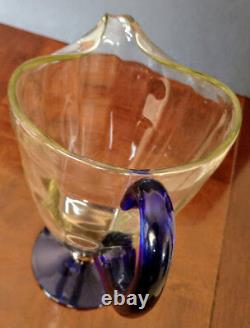 ART DECO Tall Thick Clear Panel Glass Pitcher withCobalt Handle & Base+Gold, Nice