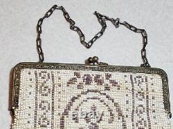 Antique Art Deco 1920's Fringed Micro Beaded Lavender & White Floral Purse Bag