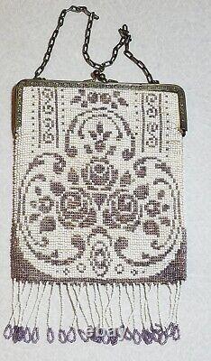 Antique Art Deco 1920's Fringed Micro Beaded Lavender & White Floral Purse Bag