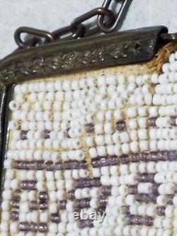 Antique Art Deco 1920's Fringed Micro Beaded Lavender & White Floral Purse Bag