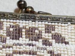 Antique Art Deco 1920's Fringed Micro Beaded Lavender & White Floral Purse Bag