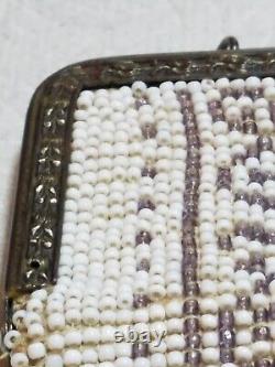 Antique Art Deco 1920's Fringed Micro Beaded Lavender & White Floral Purse Bag