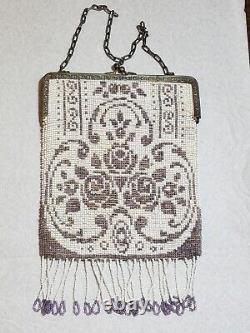 Antique Art Deco 1920's Fringed Micro Beaded Lavender & White Floral Purse Bag