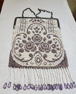 Antique Art Deco 1920's Fringed Micro Beaded Lavender & White Floral Purse Bag