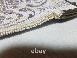 Antique Art Deco 1920's Fringed Micro Beaded Lavender & White Floral Purse Bag