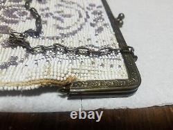 Antique Art Deco 1920's Fringed Micro Beaded Lavender & White Floral Purse Bag