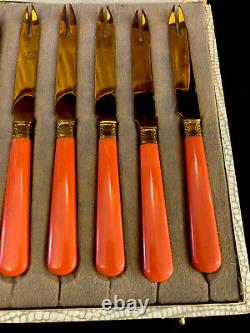 Antique Art Deco French12pc Melon Fork or Knife Set -Coral Celluloid/Handles